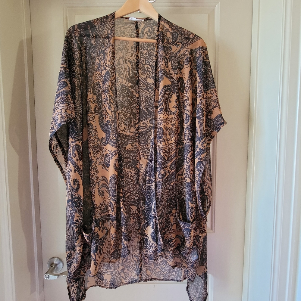 Lush Paisley Sheer Kimono- Black Brown One Size